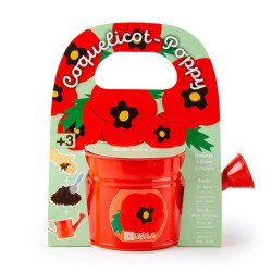 Mini red watering can with poppy seeds